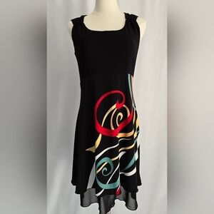 Libra Sleeveless Black Dress Layered Multi-Colored Skirt & Shoulder Detail Sz. S